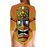 Tiki Totem Print Long Sleeve Swimsuit
