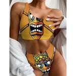 Tiki Totem Print One Shoulder Bikini Top