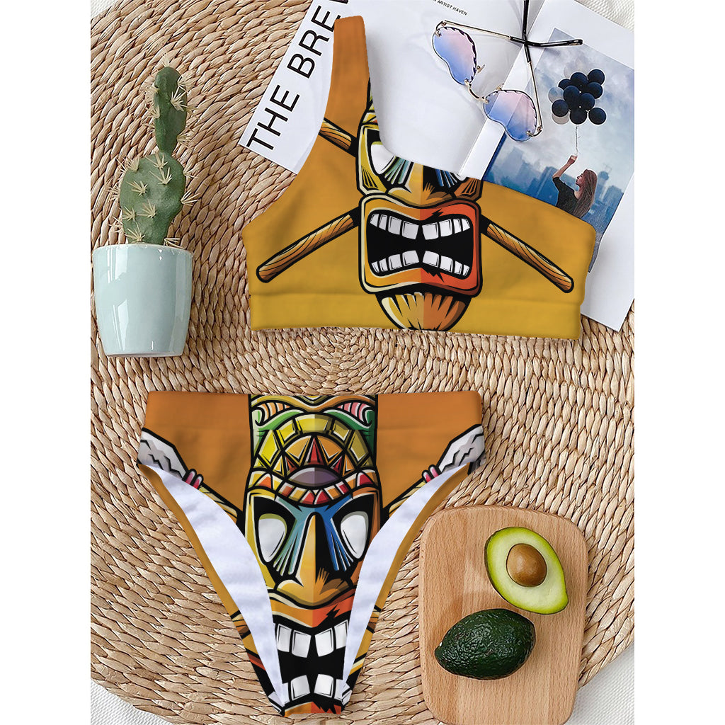 Tiki Totem Print One Shoulder Bikini Top