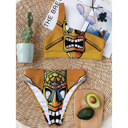 Tiki Totem Print One Shoulder Bikini Top