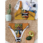 Tiki Totem Print One Shoulder Bikini Top