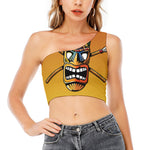 Tiki Totem Print One Shoulder Crop Top