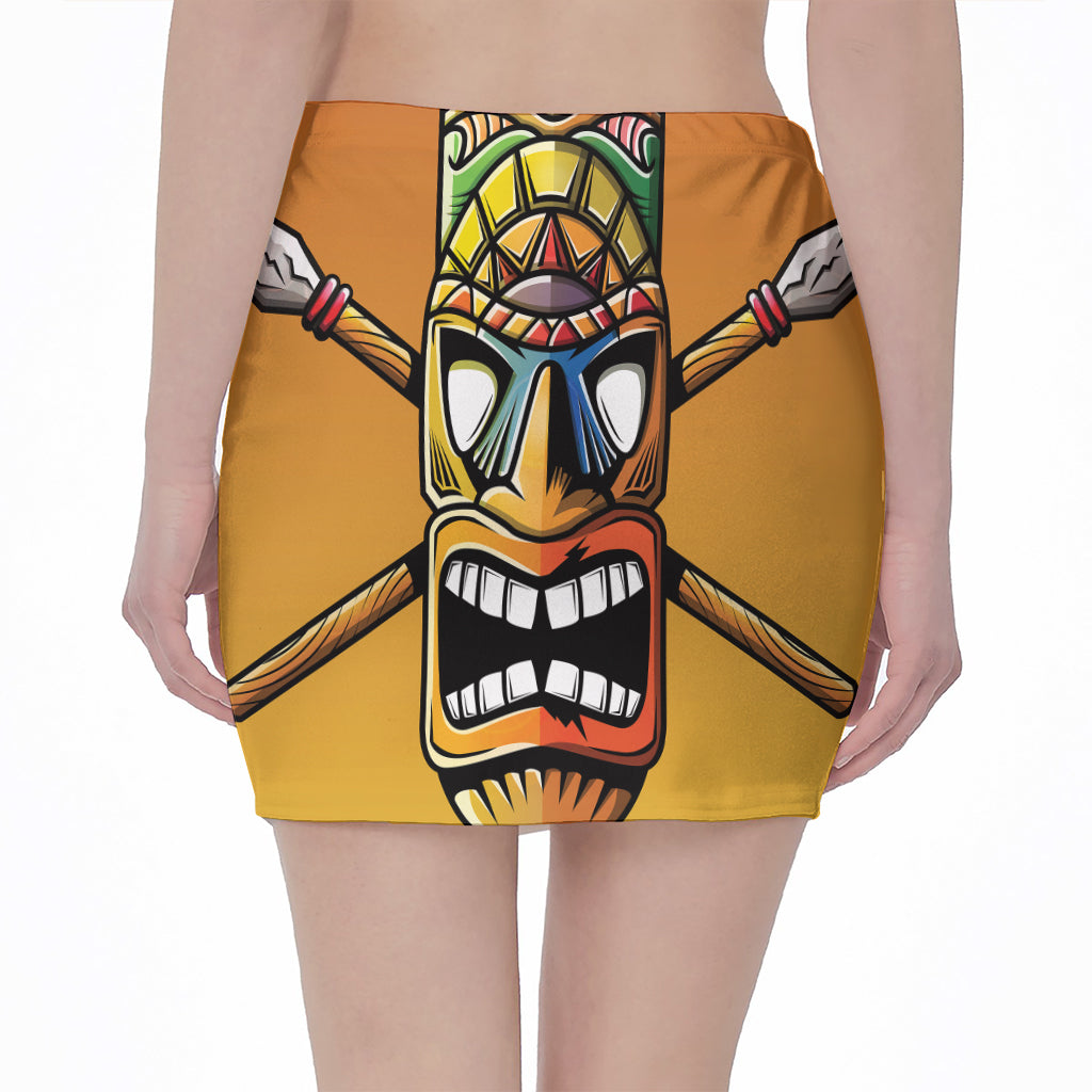 Tiki Totem Print Pencil Mini Skirt