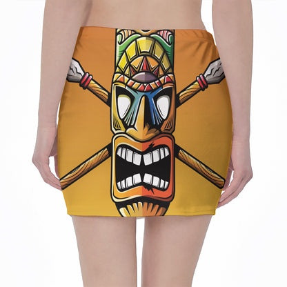 Tiki Totem Print Pencil Mini Skirt