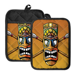 Tiki Totem Print Pot Holders With Pocket