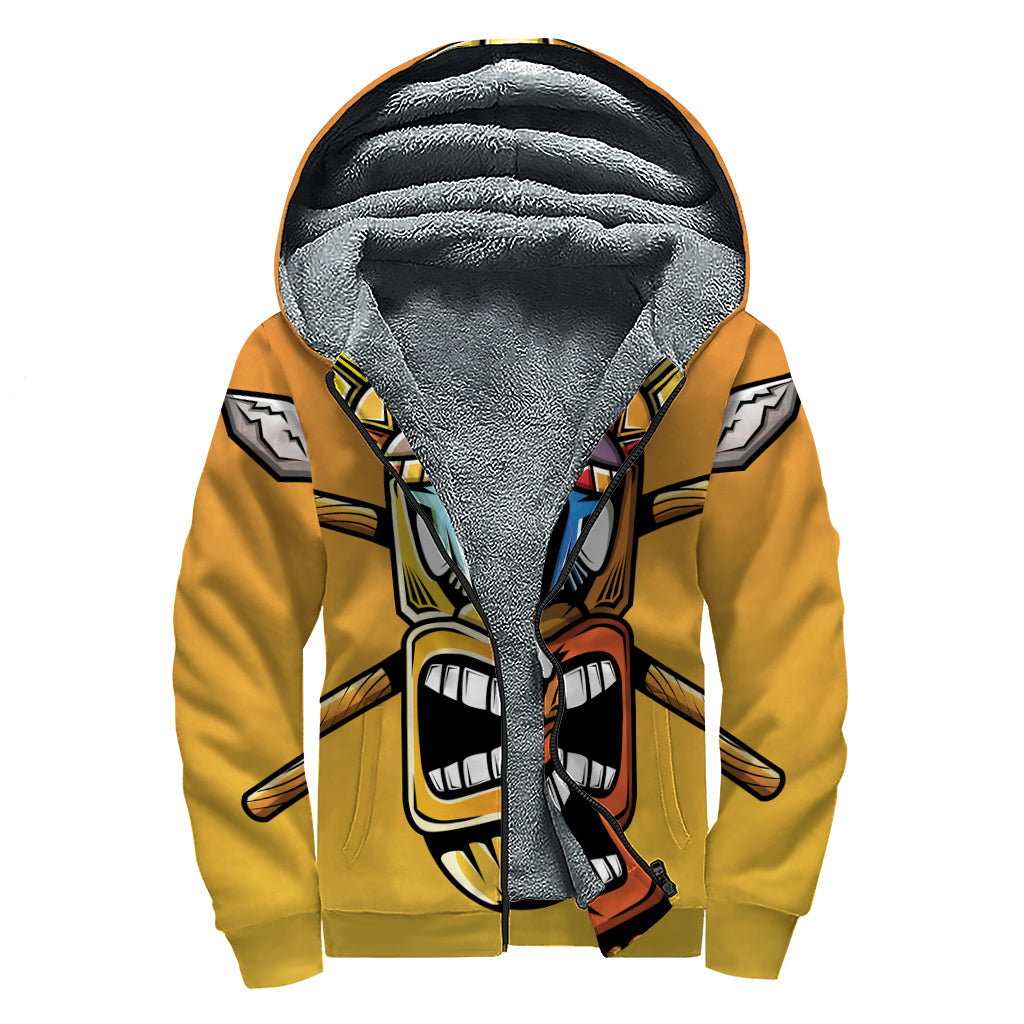 Tiki Totem Print Sherpa Lined Zip Up Hoodie
