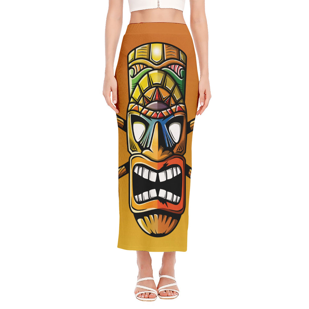 Tiki Totem Print Side Slit Maxi Skirt