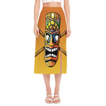 Tiki Totem Print Side Slit Midi Skirt