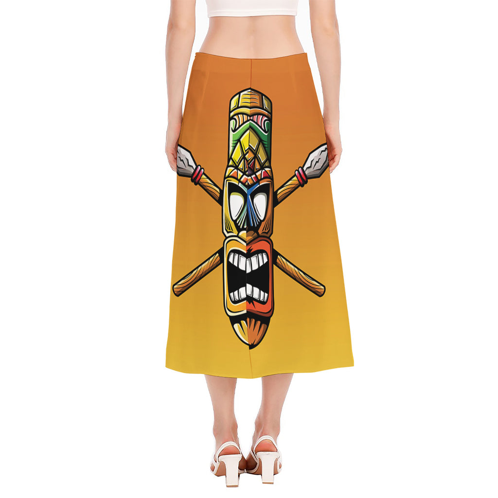 Tiki Totem Print Side Slit Midi Skirt