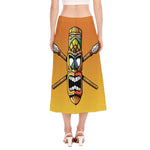Tiki Totem Print Side Slit Midi Skirt