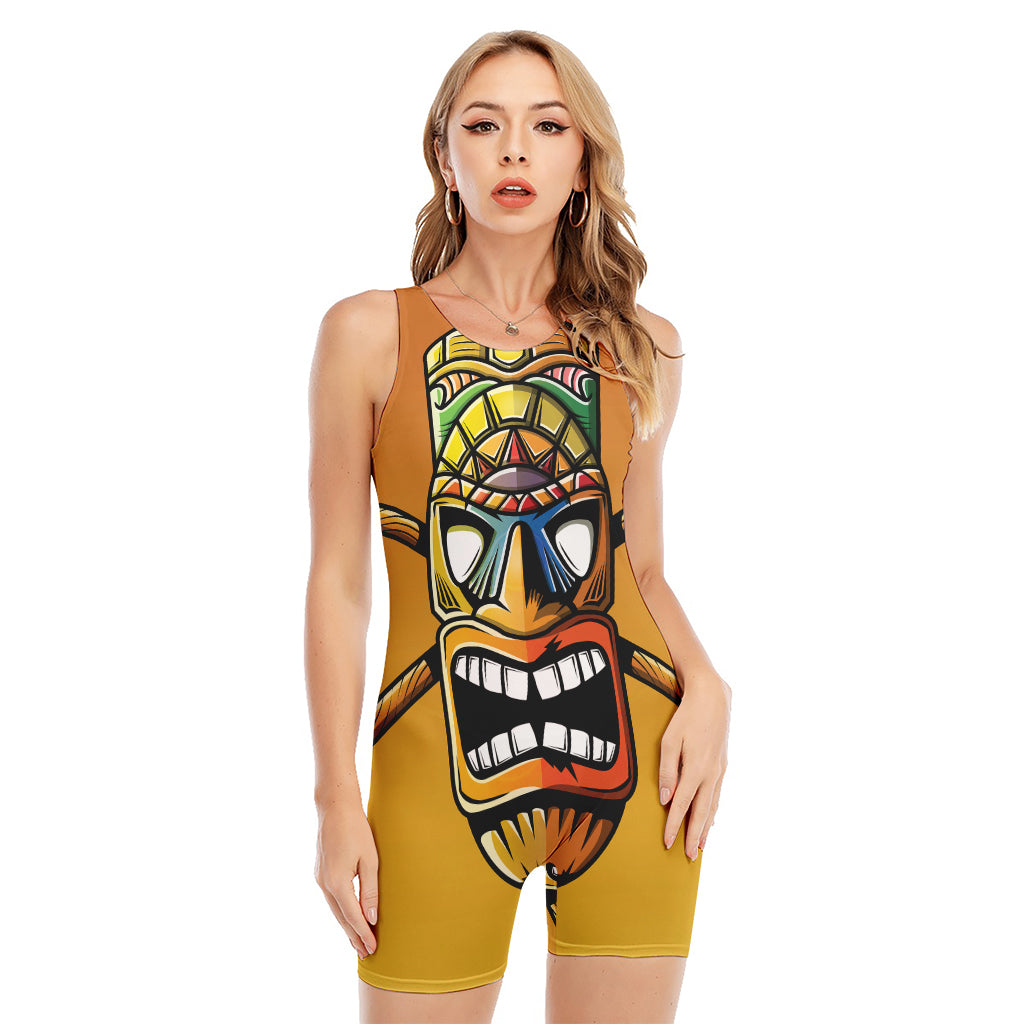 Tiki Totem Print Sleeveless One Piece Swimsuit