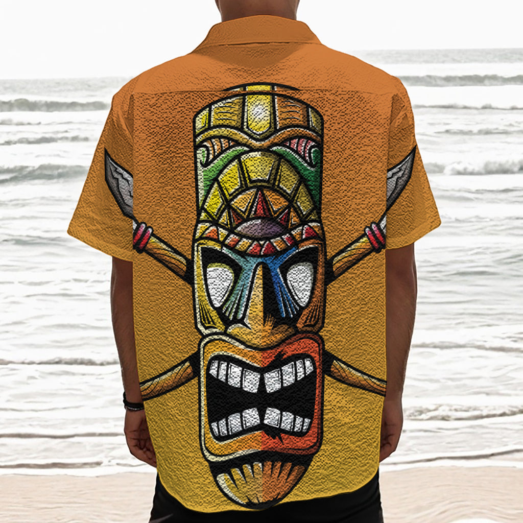 Tiki Totem Print Textured Short Sleeve Shirt