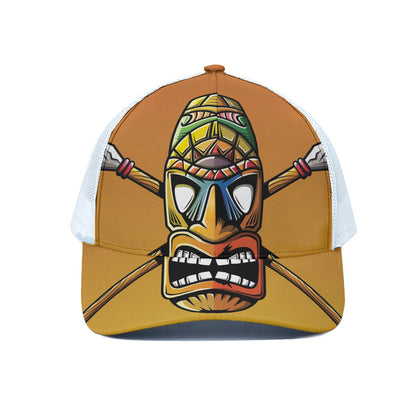 Tiki Totem Print White Mesh Trucker Cap