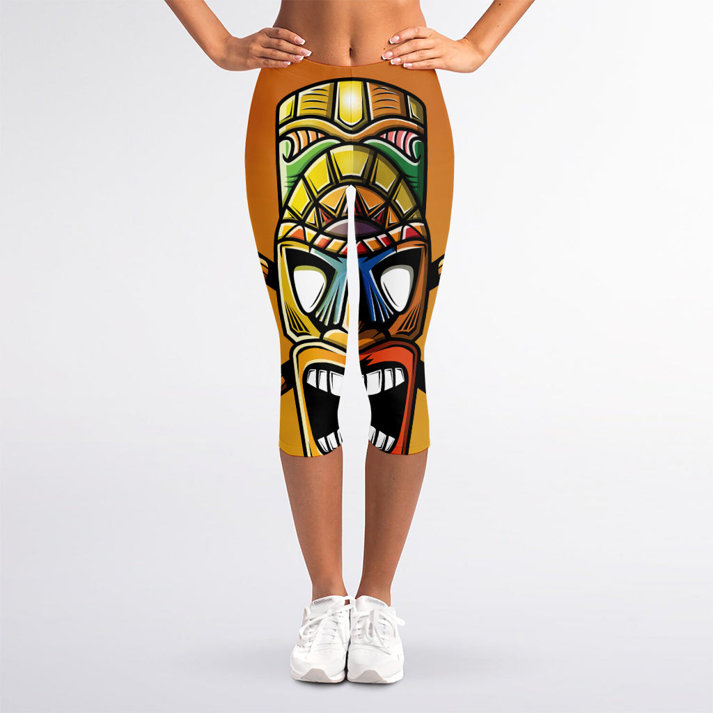 Tiki Totem Print Women's Capri Leggings