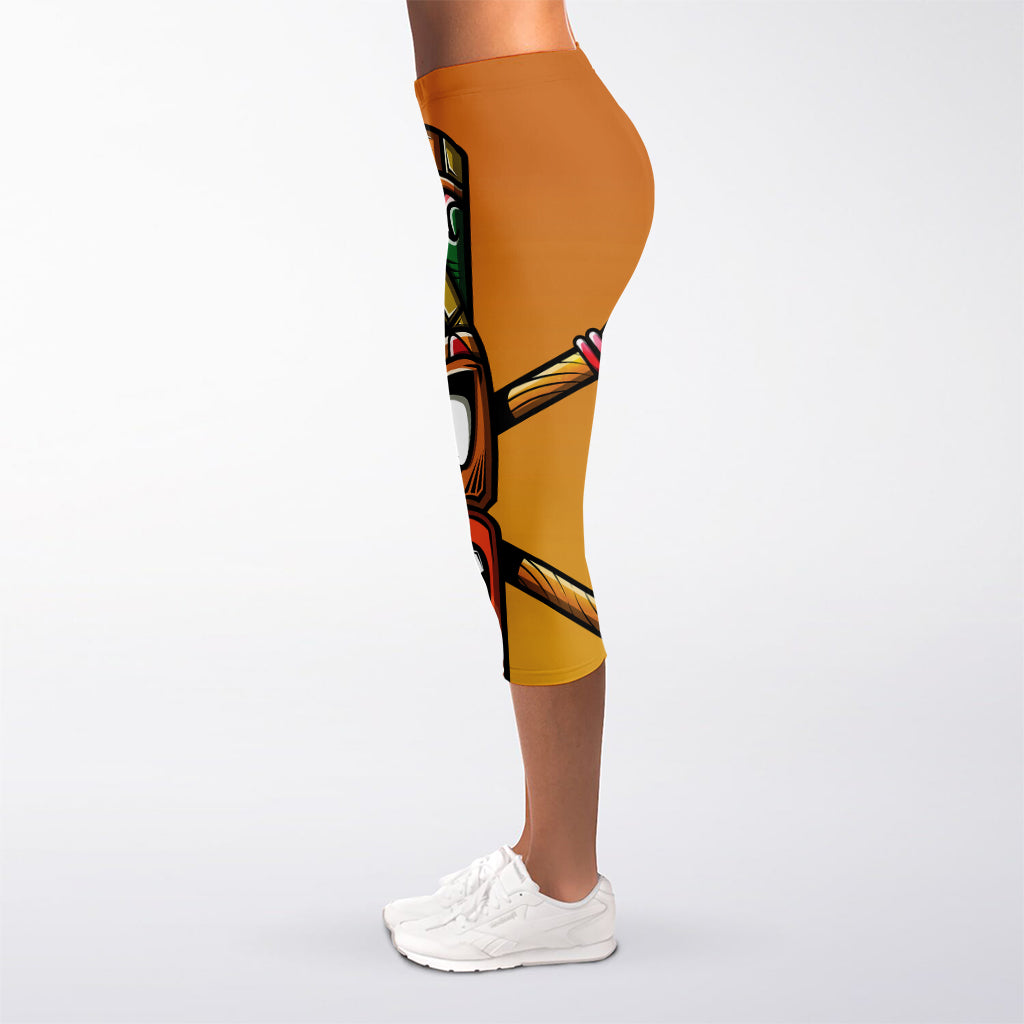 Tiki Totem Print Women's Capri Leggings