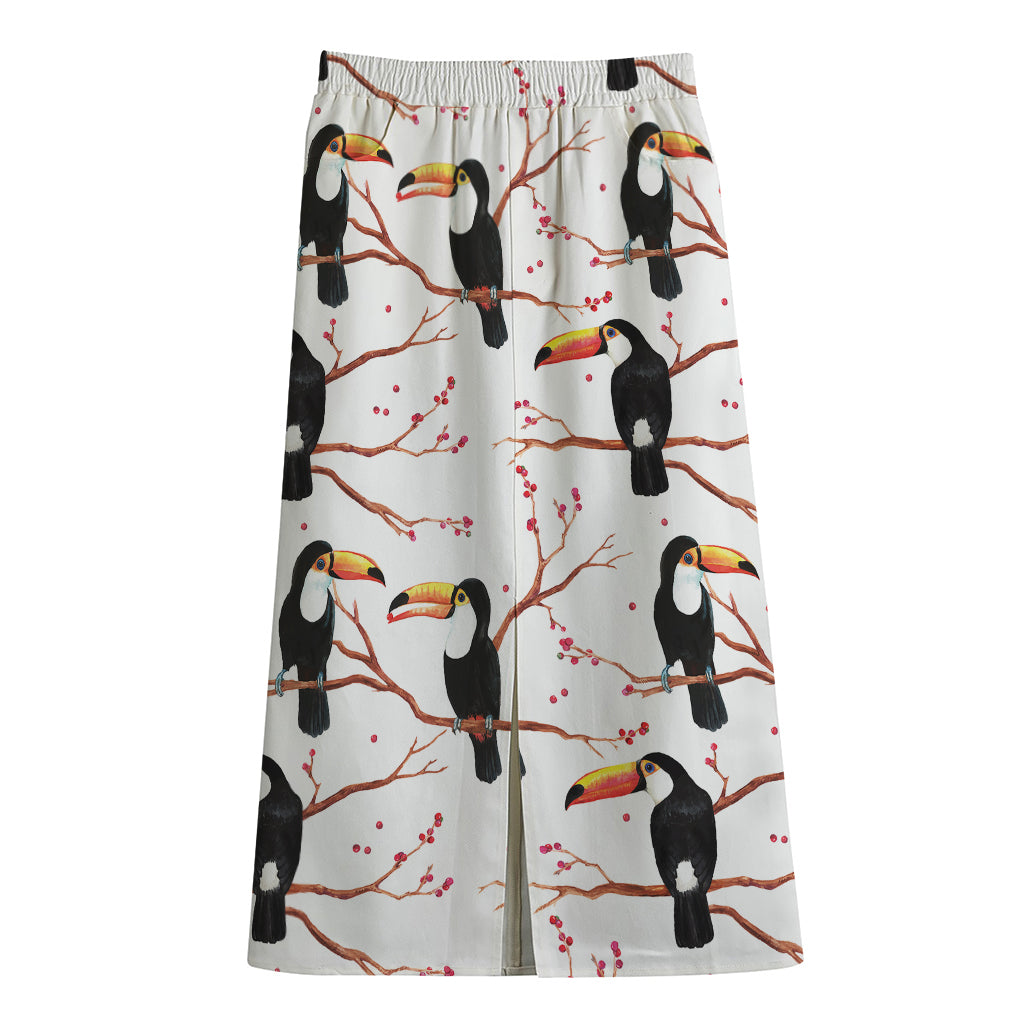 Toco Toucan Pattern Print Cotton Front Slit Maxi Skirt