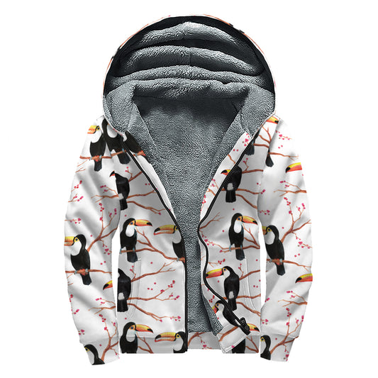Toco Toucan Pattern Print Sherpa Lined Zip Up Hoodie