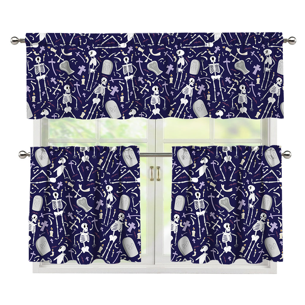 Tomb And Skeleton Pattern Print 3 Piece Kitchen Curtains