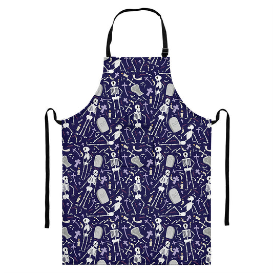 Tomb And Skeleton Pattern Print Bib Apron With Pocket