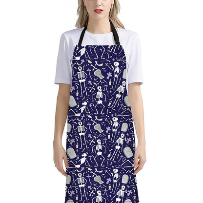 Tomb And Skeleton Pattern Print Bib Apron With Pocket