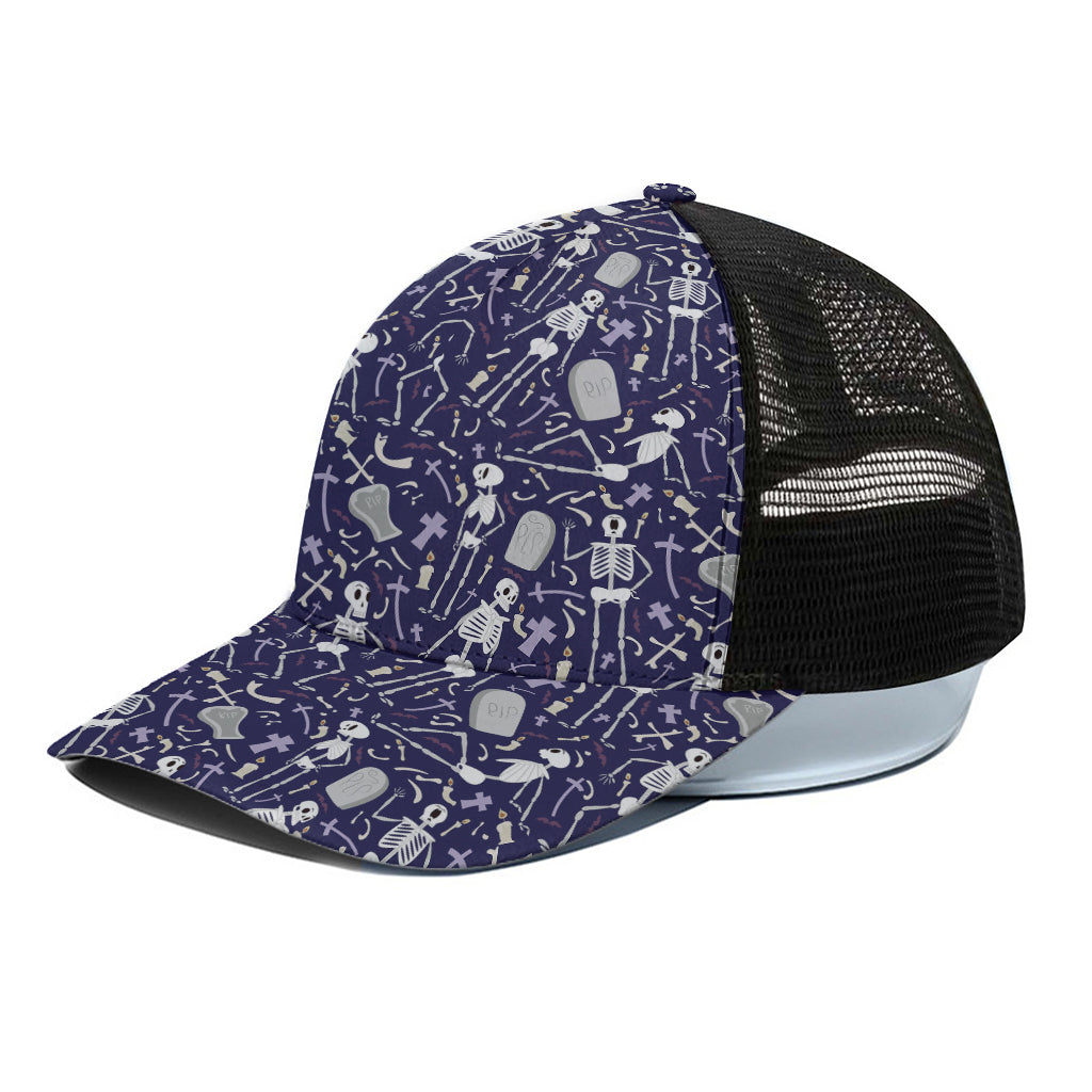 Tomb And Skeleton Pattern Print Black Mesh Trucker Cap