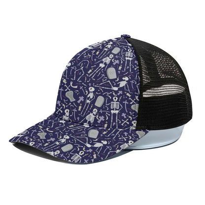 Tomb And Skeleton Pattern Print Black Mesh Trucker Cap