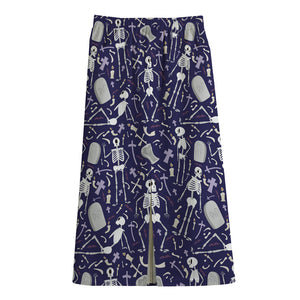 Tomb And Skeleton Pattern Print Cotton Front Slit Maxi Skirt