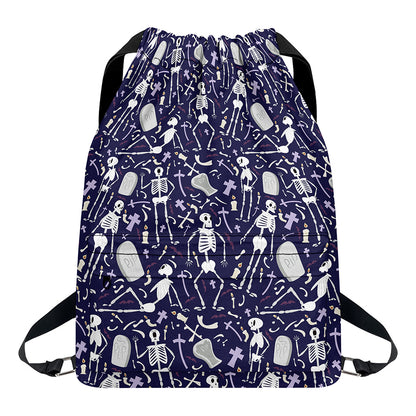 Tomb And Skeleton Pattern Print Drawstring Backpack