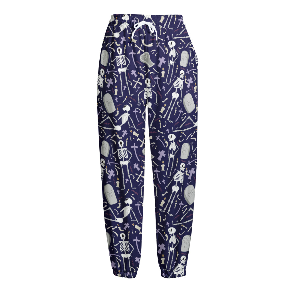 Tomb And Skeleton Pattern Print Fleece Lined Knit Pants