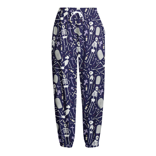 Tomb And Skeleton Pattern Print Fleece Lined Knit Pants