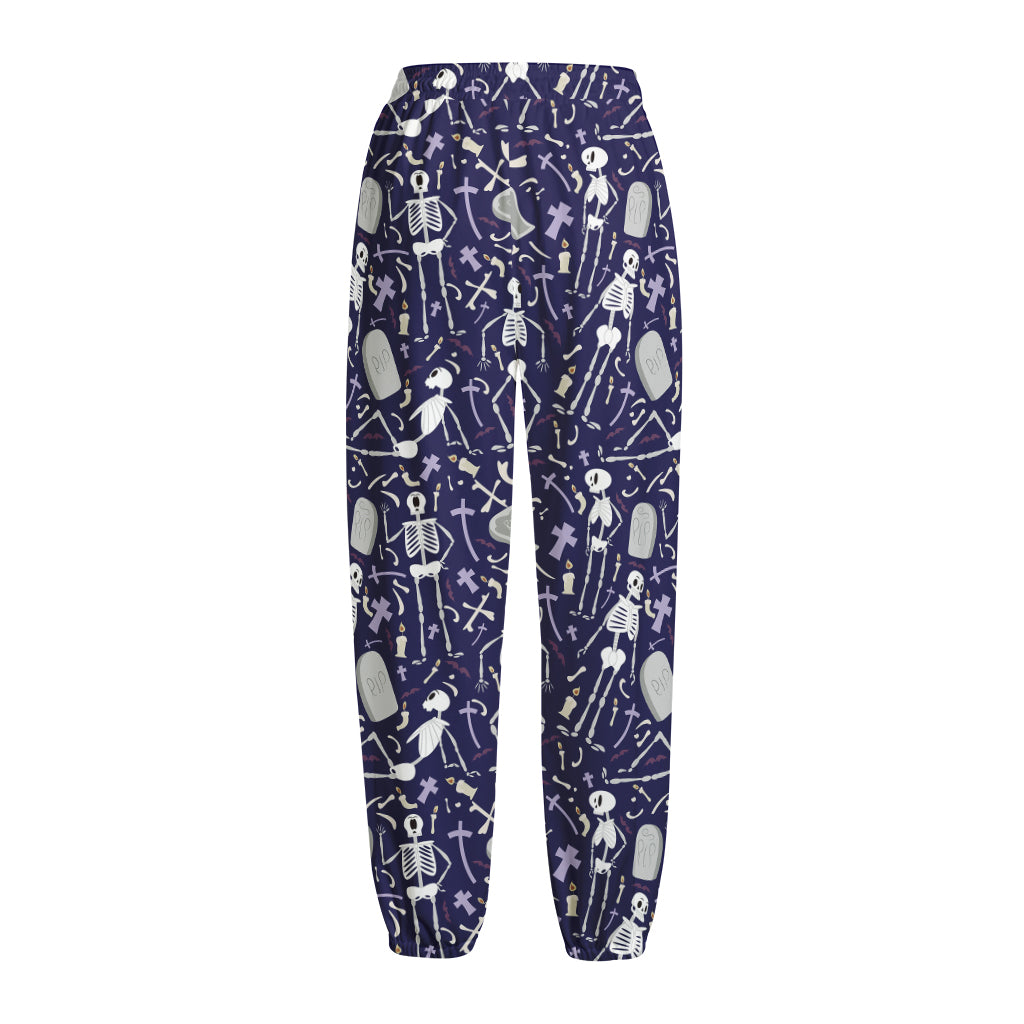 Tomb And Skeleton Pattern Print Fleece Lined Knit Pants