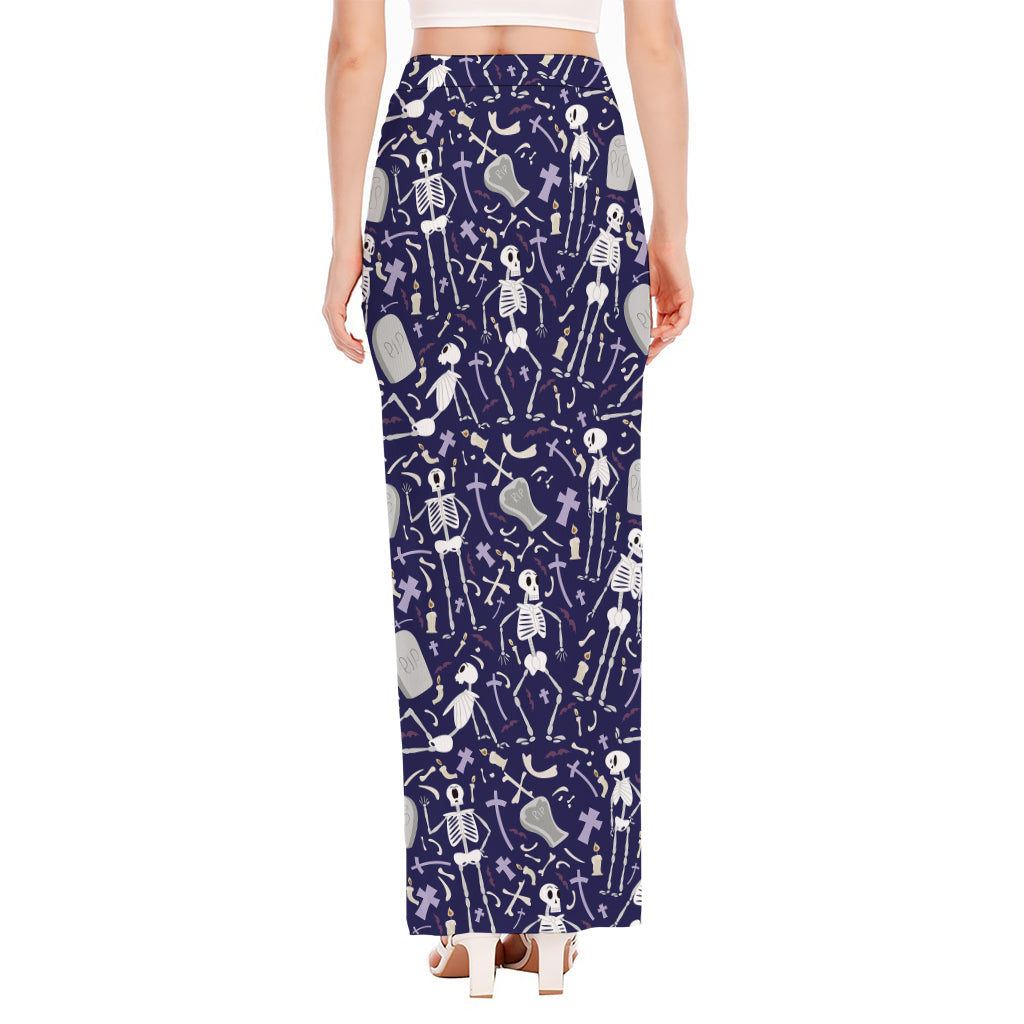 Tomb And Skeleton Pattern Print High Slit Maxi Skirt