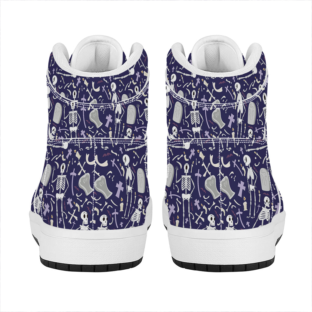 Tomb And Skeleton Pattern Print High Top Leather Sneakers