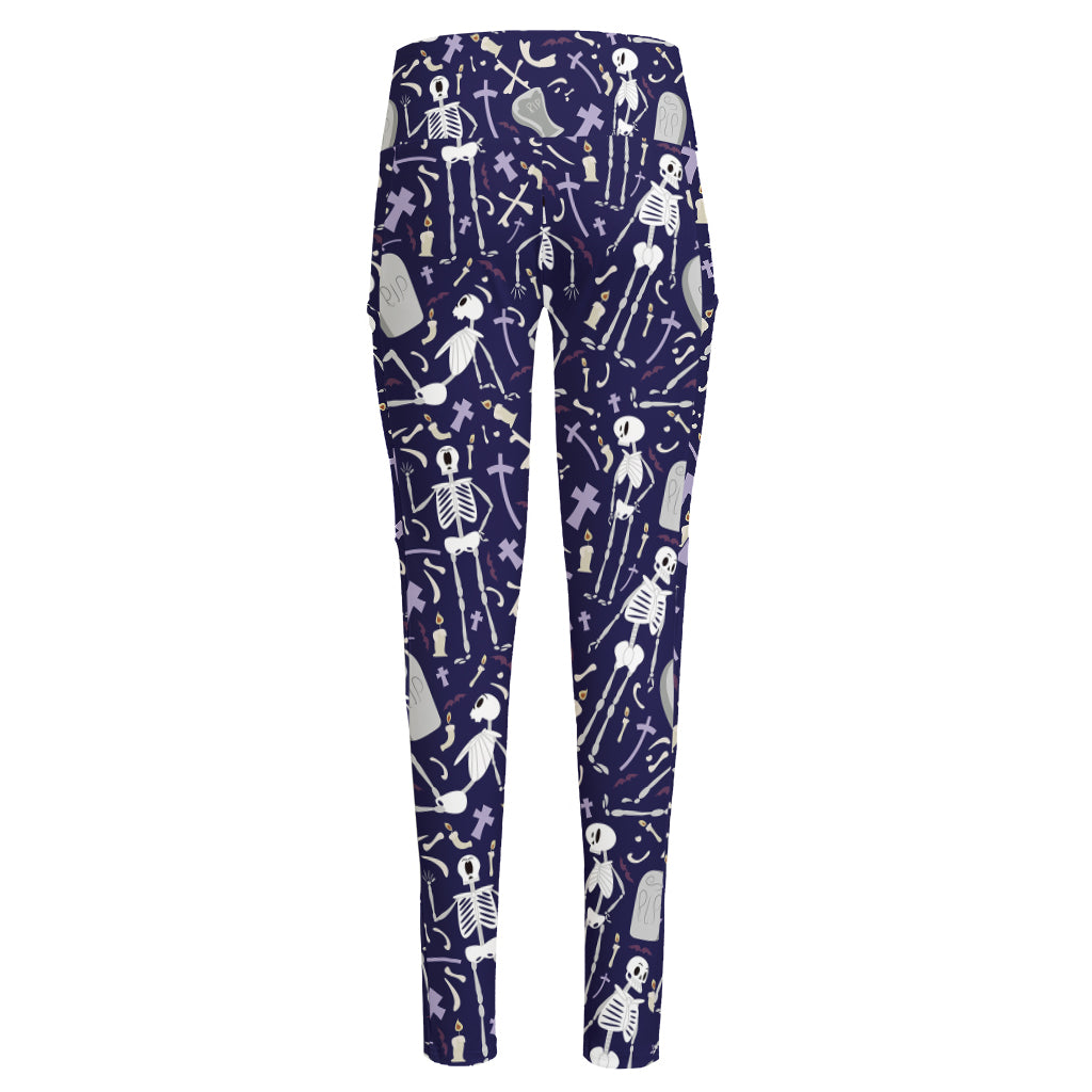 Tomb And Skeleton Pattern Print High-Waisted Pocket Leggings