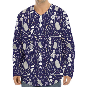 Tomb And Skeleton Pattern Print Long Sleeve Baseball Jersey