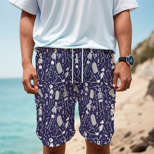 Tomb And Skeleton Pattern Print Men's Cargo Shorts