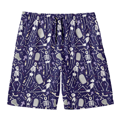 Tomb And Skeleton Pattern Print Men's Swim Trunks