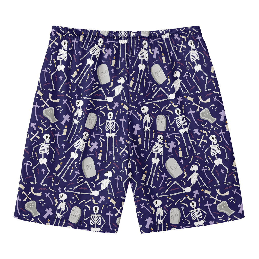 Tomb And Skeleton Pattern Print Men's Swim Trunks