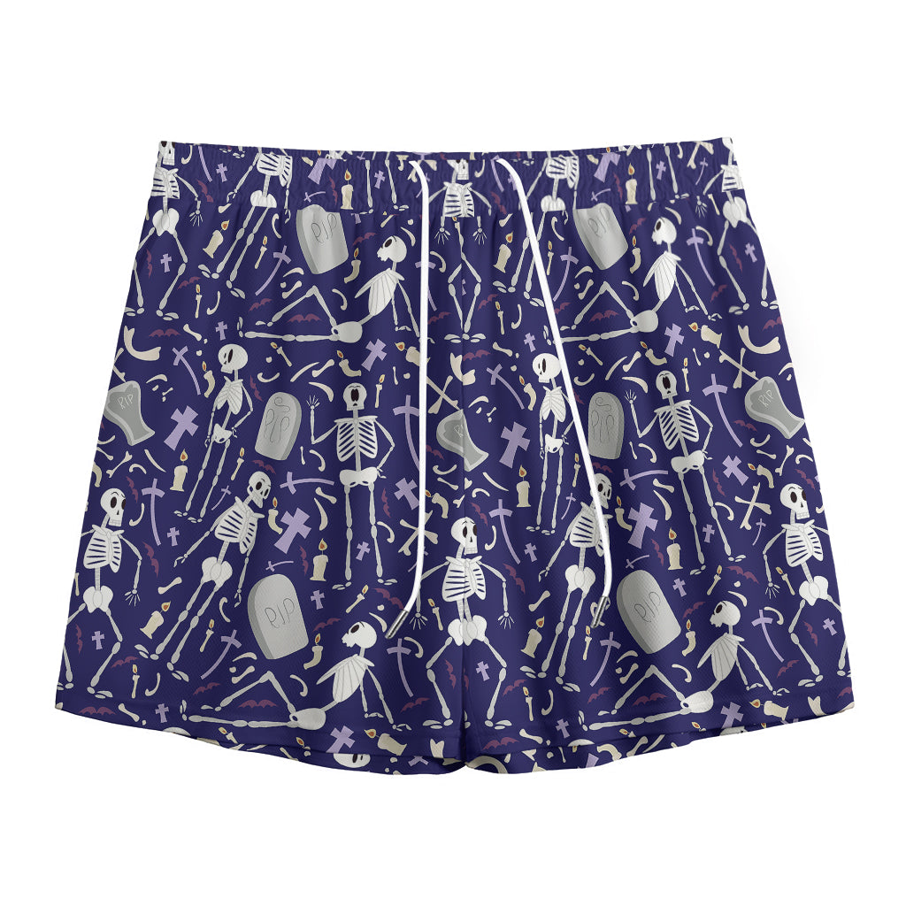 Tomb And Skeleton Pattern Print Mesh Shorts