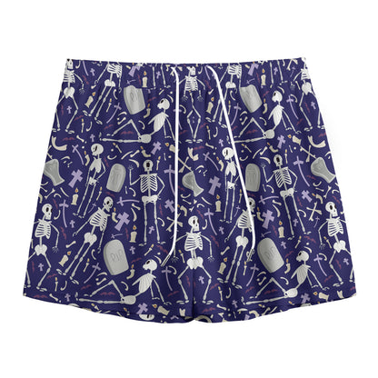 Tomb And Skeleton Pattern Print Mesh Shorts