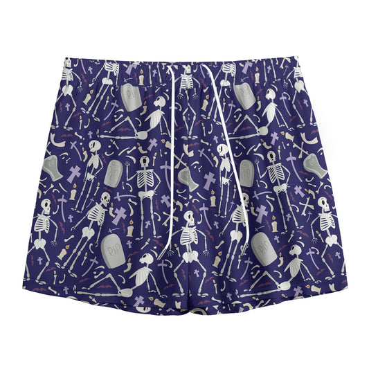 Tomb And Skeleton Pattern Print Mesh Shorts