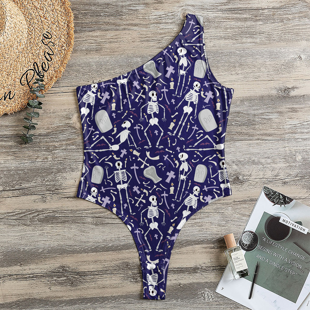 Tomb And Skeleton Pattern Print One Shoulder Bodysuit