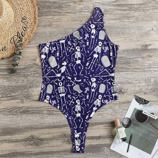 Tomb And Skeleton Pattern Print One Shoulder Bodysuit