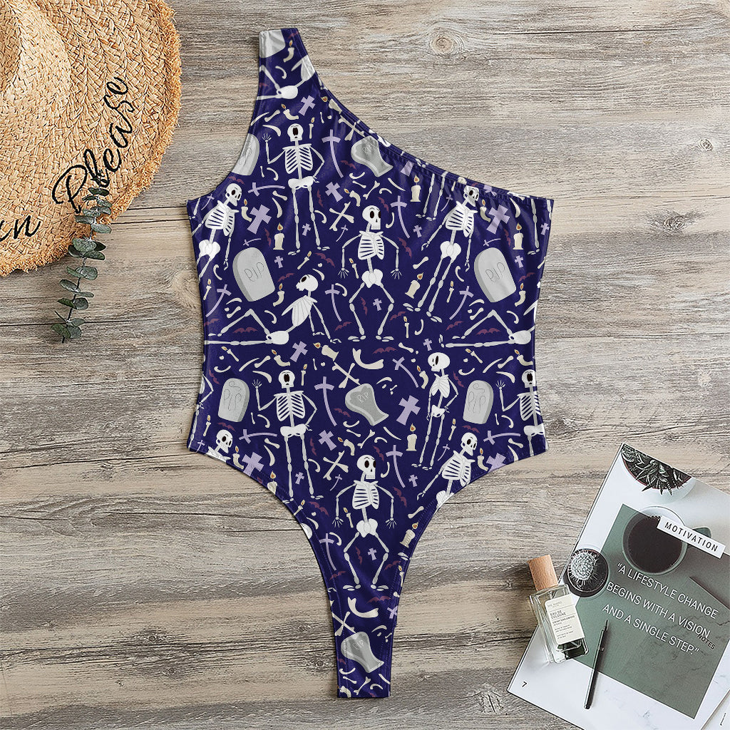 Tomb And Skeleton Pattern Print One Shoulder Bodysuit