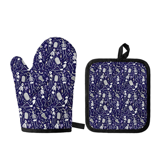 Tomb And Skeleton Pattern Print Oven Mitt And Pot Holder Set