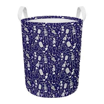 Tomb And Skeleton Pattern Print Round Laundry Basket