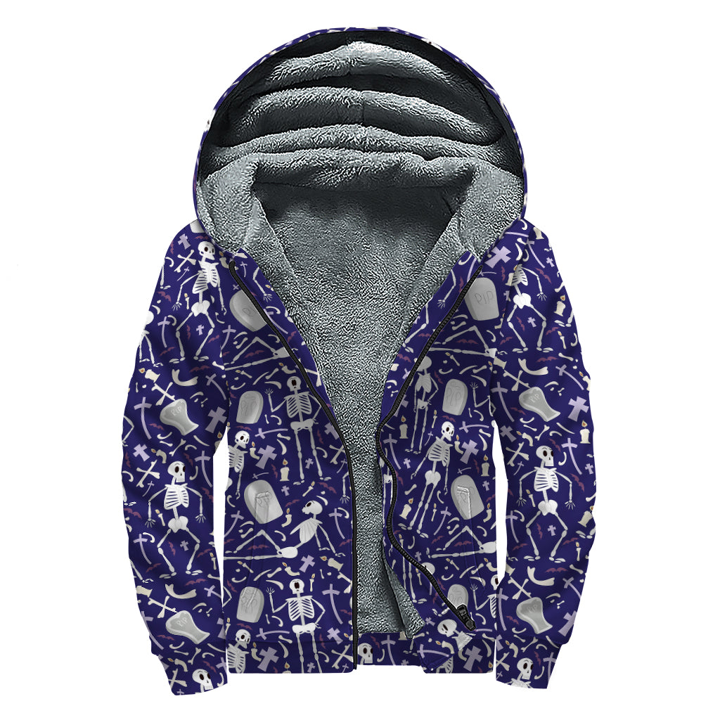 Tomb And Skeleton Pattern Print Sherpa Lined Zip Up Hoodie