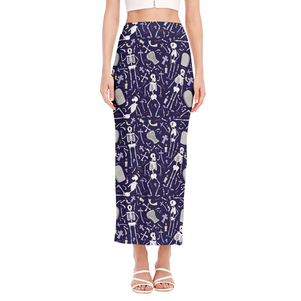 Tomb And Skeleton Pattern Print Side Slit Maxi Skirt