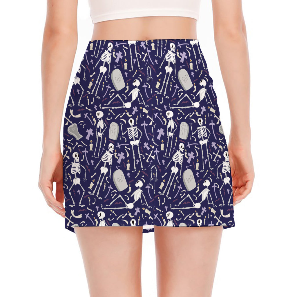 Tomb And Skeleton Pattern Print Side Slit Mini Skirt