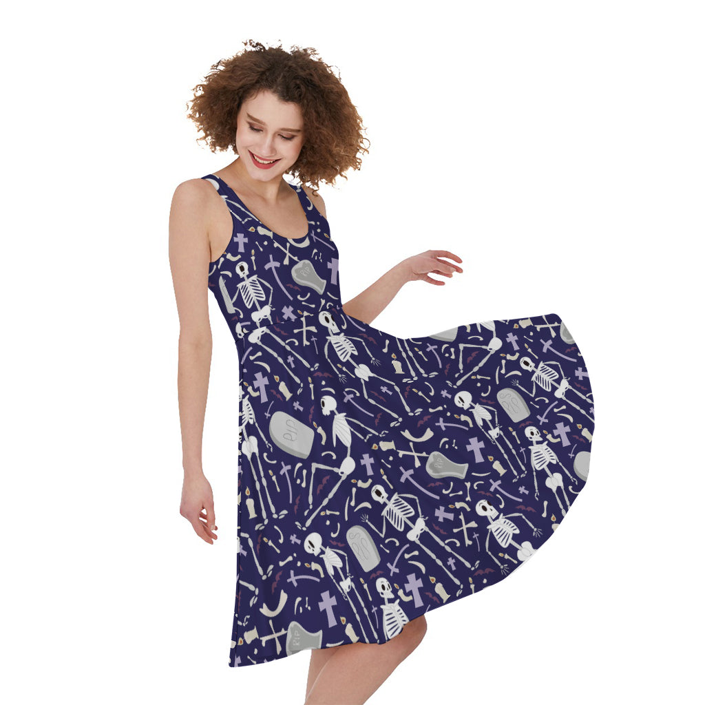 Tomb And Skeleton Pattern Print Women's Sleeveless Dress